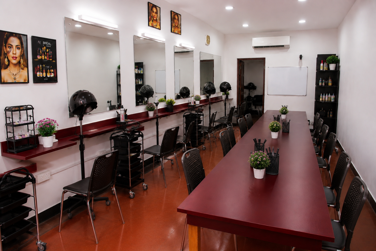 A large, modern salon-style setup for Beautician training.